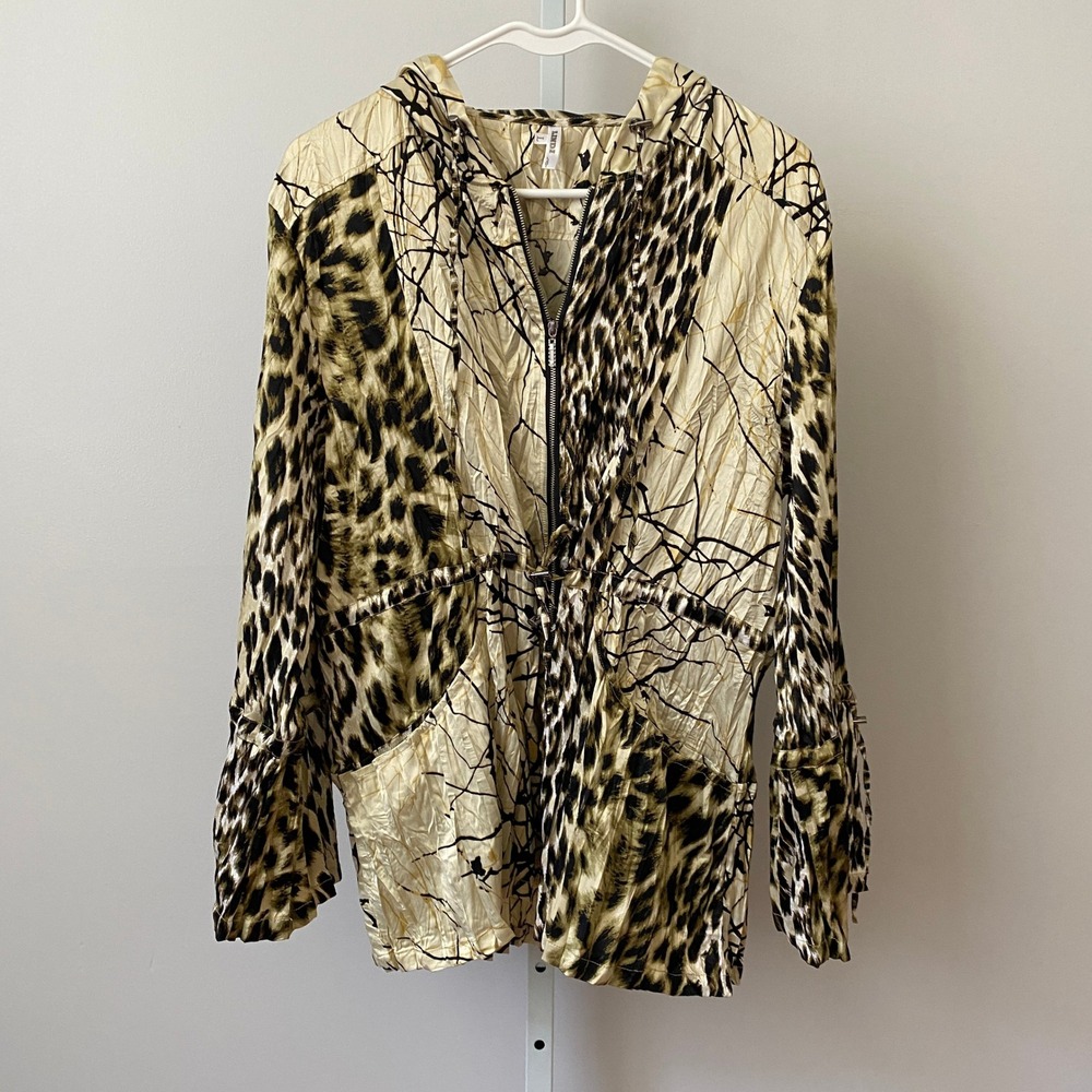 Lindi MobWife Quirky Leopard Print Hooded Zip Jacket L Tan